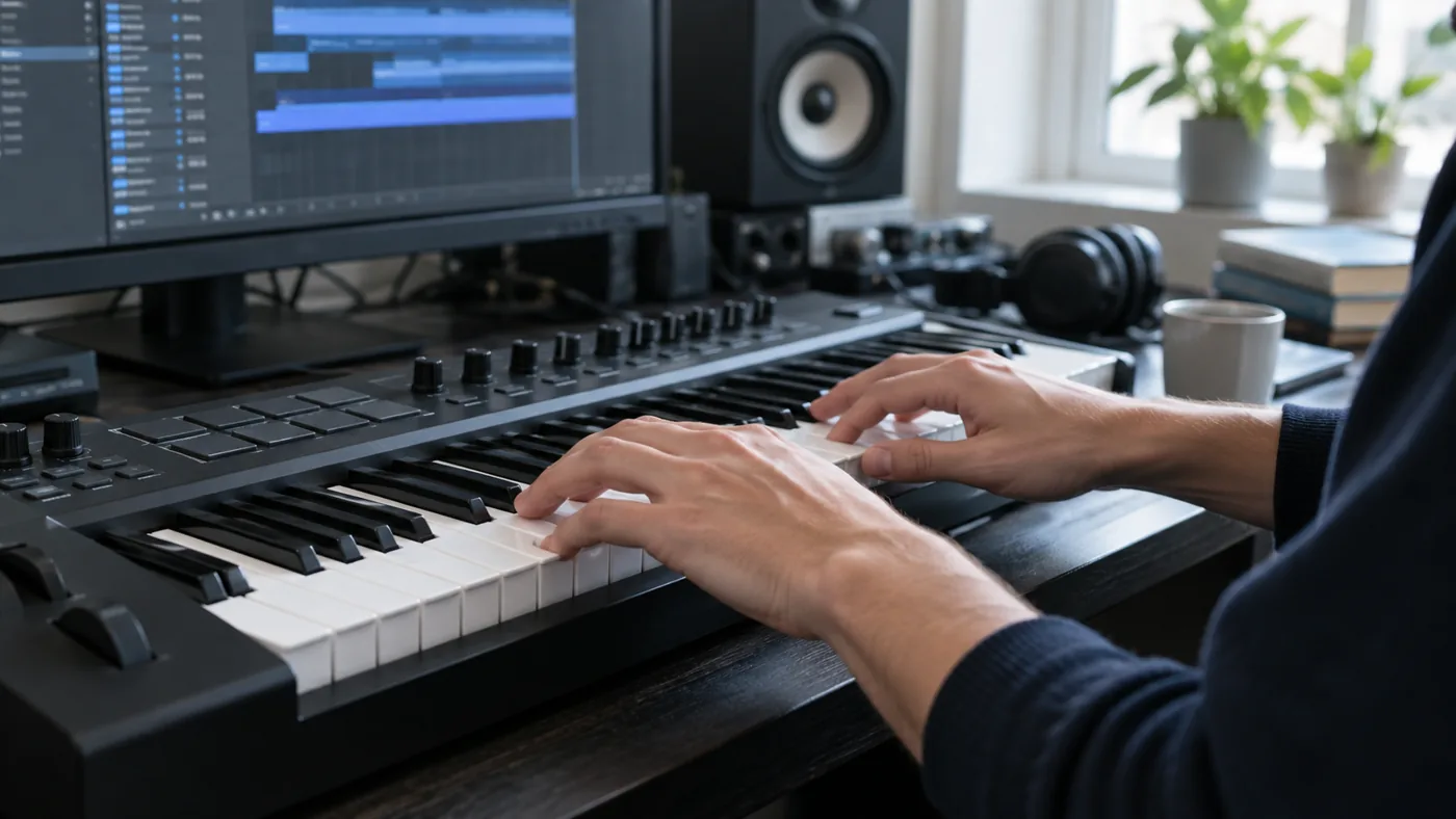 音楽制作のイメージ。PCの前で鍵盤を演奏する手元