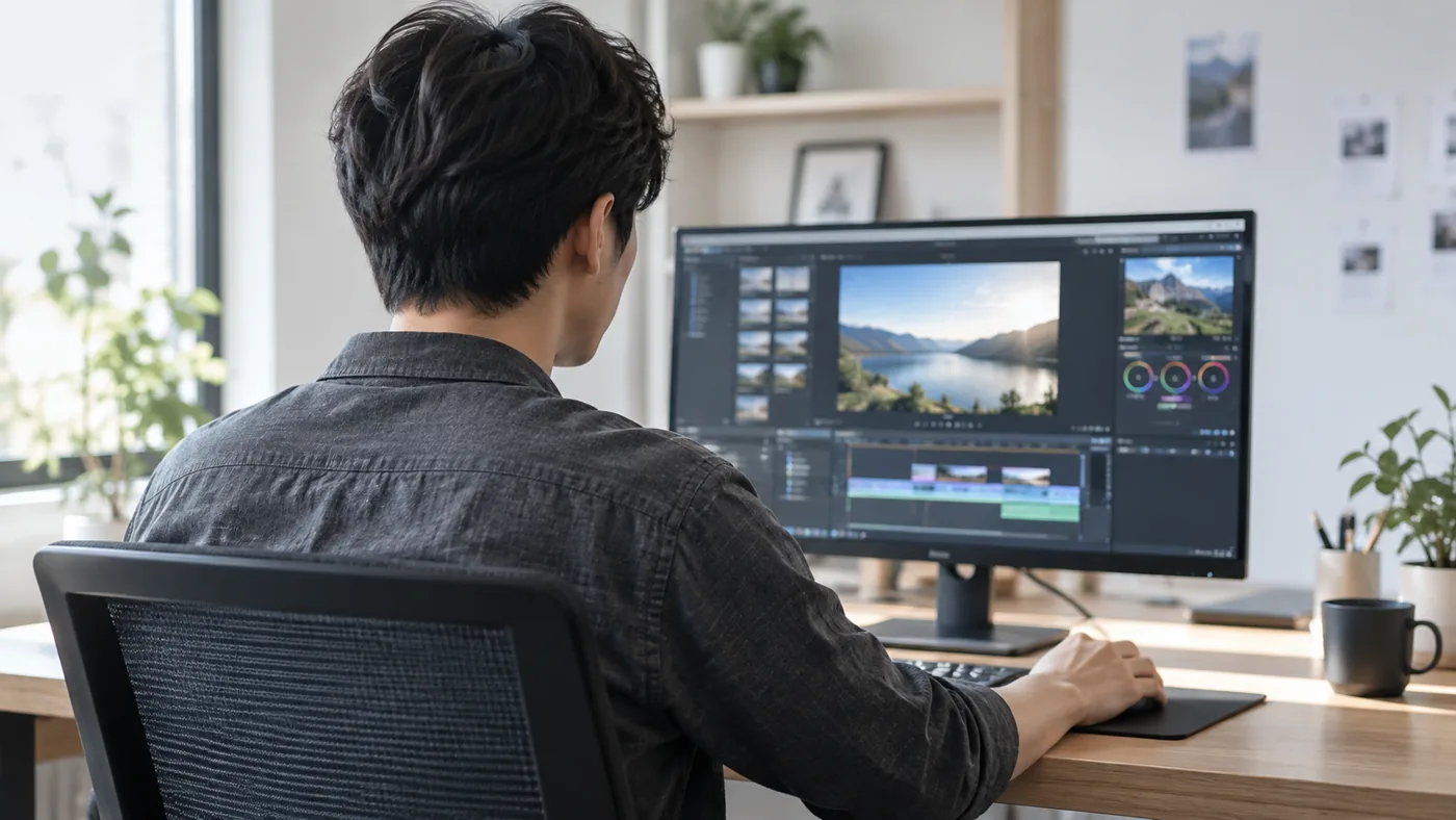 学習のイメージ。PCで動画編集に取り組む男性の後ろ姿